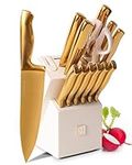 White and Gold Knife Set with Sharpener - 14PC Self Sharpening Knife Block Set - White and Gold Kitchen Accessories, Gold Kitchen Decor
