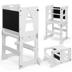 Bonnlo 3-in-1 Foldable Learning Tower with Chalkboard, Wooden Toddler Step Stool Converts to Table & Chair, Montessori Kitchen Helper for Kids 45x35x88cm (White)