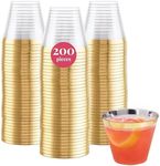 Prestee Hard Disposable Cups - Heavy Duty Fancy Plastic Cups - Plastic Cocktail Drinkware - Disposable Drinking Cups 9 oz - Bulk Drinking Glasses for Wedding - 200ct Gold Tumblers