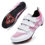 Unisex Road Bike Cycling Shoes Compatible with Peloton Shimano SPD Bike Riding Shoes for Men Women, 3 Straps, Pre-Installed Delta Cleats for Indoor Outdoor Cycling Biking, White Pink, 11 Women/9 Men