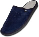 FOOTHUGS Men's Slippers Memory Foam Plantar Fasciitis Orthotic Leather Mens Mule Slippers | Arch Support Slippers For Men | Wide Fit (7UK/41EU Wide, Navy Blue)