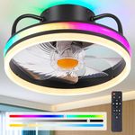 Modern Flush Mount Ceiling Fan-Low Profile Ceiling Fan with Light,13" RGB Dimmable LED Enclosed Ceiling Fans,Modern Bladeless LED-RGB Ambient Light for Bedroom Kids Room Party（Black）