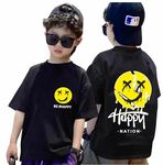 Uniplanet Store Cotton Half Sleeve Regular Fit Black Smiley Boys T-Shirt Back Printed for 12-13 Years