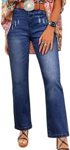 SHEWIN Womens Jeans High Waisted Classic Loose Distressed Stretchy Jeans Trendy Fashion 2025 Bootcut Denim Pants Dark Blue Size 14