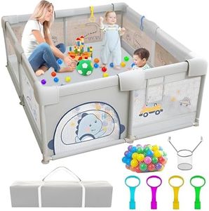 Baby Playpen, 200 x 180cm Playpen for Baby and Toddlers with 60 Ocean Balls, Basketball Hoop, 4 Pull Rings with Storage Bag, Toddler Playpen Anti-Collision Foam Breathable Mesh Play Pens for Indoors