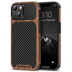 TENDLIN Compatible with iPhone 14 Plus Case Wood Grain with Carbon Fiber Texture Design Leather Hybrid Slim Case