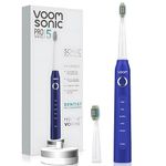 Voom Sonic Pro 5 Series Rechargeable Electronic Toothbrush, Dentist Recommended, Advanced Oral Care, 2 Minute Timer with Quadrant Pacing, 5 Adjustable Speeds, Soft Dupont Nylon Bristles, Blue