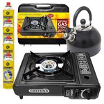 3 In 1 Camping Starter Kit - Includes Gas Stove, 4 Gas Bottles & 2.5L Kettle | Premium Burner, Automatic Ignition & Heat Control | Suitable for Fishing, Camping & Hiking | Lightweight, Essentials