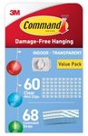 Command Clear Decorating Clips, Value Pack of 60 Transparent Clips and 68 Small Adhesive Strips - Little Hooks for Decorations and Fairy Lights - Damage Free Hanging - Packaging May Vary