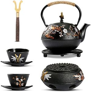 Dyna-Living Cast Iron Teapot with Warmer Japanese Tea Kettle 720ml/24.5oz Japanese Cast Iron Teapot Set with 2 Tea Cups Cast Iron Tea Pot with Infuser Cast Iron Tea Kettle for Wood Stove or Stovetop