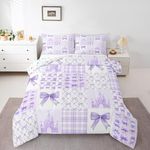 Bowknot Kids Comforter Set Full Size,Cherry Bow Tie Castle Princess Dreamy Bedding Set,Girls Women Room Decor,Geometric Plaids Patchwork Down Comforter,Purple Romantic Duvet Insert,2 Pillowcases