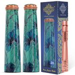 INDIAN ART VILLA Copper Tube Slim Bottle in Green Leaf Print, Volume - 750 ML, Pack of 2