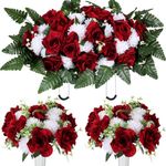 Tigeen 3 Pcs Christmas Cemetery Flowers for Grave Funeral Headstone Saddle Flowers Artificial Red Rose and White Chrysanthemum Bouquets with Vase Memorial Flowers Outdoor Grave Decoration