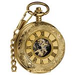 VIGOROSO Mens Pocket Watch with Chain Half Hunter Double Cover Skeleton Mechanical Watches Gold Roman Numeral in Box