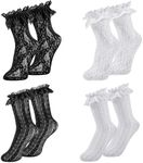 4 Pairs Women Ruffle Socks Cup Lace Socks Cute Trim Frilly Princess Wedding Goth Halloween Elegant Ankle Sock for Girl (2 White, 2 Black) (AU, Alpha, One Size, Regular, Regular, 4, White+Black)