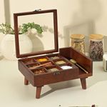 BRICK BROWN ® Premium Handcrafted Crafted 9-Compartment Wooden Table Top Masala Dabba Containers Jars & Kitchen Spice Box with Spoon Masala Box with Legs For Kitchen - 10.7x8x4.6 Inches