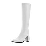 PODAIK GoGo Boots for Women Knee High Boots Chunky Block Heels Costume Party Cosplay Dress Shoes(8.5,White), White, 8.5