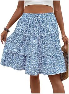 WDIRARA Women's Floral Print Ruffle Hem Elastic High Waist Tie Front Skirt Light Blue Large