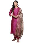 Varanga Women Pink Woven Zari Embroidered Straight Kurta With Bottom And Dupatta