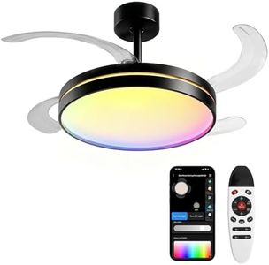 Retractable Ceiling Fan with Light and Remote Control/APP,Multiple Dynamic Modes RGB-LED light,6 Speed Reversible Modern Invisible Flush Mount Ceiling Fans with Lights for living room(42In,Black)