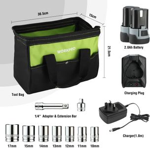 WORKPRO 3/8" Cordless Ratchet Wrench Set – 12V, 2 Batteries, 7 Sockets
