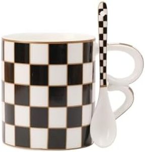 Porlien Checker Porcelain 18-ounce Mug Set of 2 with Teaspoon, Coffee Mugs Tea Mugs