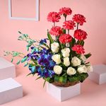 FlowerAura Fresh Live Flower Bouquet of 8 Carnations, 8 Roses & 4 Blue Flowers In Wooden Basket For Birthday Gift, Anniversary Gift, Wedding Gift & Gift For Special Occasions (Same Day Delivery)