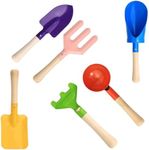 Egashow 6 PCS 8" Kids Garden Tools, Made of Metal with Sturdy Wooden Handle, Beach Snow Toys Cylinder, Spoon, Fork, Rake, Flat & Pointed Shovels for Children