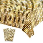 SINGOMON 2 Packs Gold Table Cloths Gold Confetti Dot Plastic Tablecloth Disposable Tablecloth Rectangular Tablecloths Disco Party Table Covers Party Table Decor