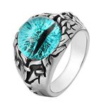 HIJONES Mens Stainless Steel Gothic Biker Dragon Eye Ring Silver Blue Gem Stone Vintage Size T