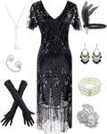 Women's 1920s Gatsby Inspired Sequin Beads Long Fringe Flapper Dress w/Accessories Set, Black, X-Large