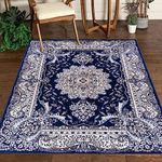 renoazul® Washable Soft Pile Floral Mat, 160 x 230 cm (5 ft 3 in x 7 ft 7 in) - Blue - Jute Backed Vintage Area Rug for Lounge, Garden, Patio, Stiing and Hall