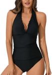 VECENEY One Piece Bathing Suit for Women Tummy Control Halter Swimsuits Sexy V Neck Ruched Swimwear Black M