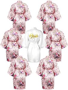 Jecery 7 Pcs Satin Kimono Robes for Women Getting Ready Short Robe Floral Bridesmaid Robes Glitter Bride Robe for Wedding Day Bridal Party Maid of Honor Dressing Gown, Pink and White, One Size