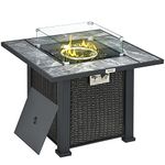 Outsunny Outdoor PE Rattan Gas Fire Pit Table, Patio Square Propane Heater with Marble Desktop, Rain Cover, Glass Windscreen, and Glass Stones, 50,000 BTU, Black