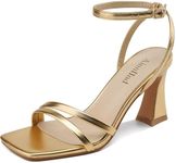 AIUNIIND Heeled Sandals for Women Chunky Block High Heels Square Open Toe Sandals with Ankle Strap 3 Inch Dress Heels Comfortable Gold 10