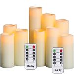 Da by Flameless Candles LED Candles Battery Candle Set of 9(1 - H 22cm, 1 - H20cm, 1 - H18cm, 2-H16cm, 2-H14cm, 2-H13cm) Ivory True Wax Candle with Remote Timer