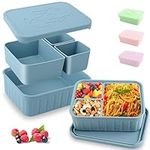 Bento Lunch Box for Kids-Reusable Silicone Kids Bento Box Lunch Container Leakproof Lunchbox Meal Prep Food Storage Containers with 3 Removable Compartments–Dishwasher Safe/BPA Free/Portion Control