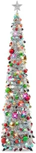 N&T NIETING Pop Up Silver Mix Tinsel Christmas Tree with Lights & 40 Balls, 6Ft Collapsible Skinny Christmas Tree for Holiday Xmas Home Office Decor, Silver