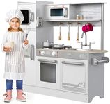 Play Kitchen - Wooden Kitchen Playset for Toddlers and Big Kids - Mini Pretend Toy for Boys and Girls with Cooking Stove, Oven, Pots, Pans, Phone, Microwave, Fridge, Sink, Utensils - Ages 3-8