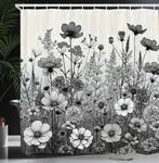 Ambesonne Black and White Shower Curtain, Vintage Style Meadow Prairie Scene with Wild Flowers Print, Cloth Fabric Bathroom Decor Set with Hooks, 69" W x 70" L, Off White and Taupe Grey