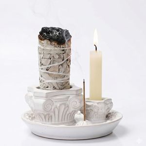 QSKISS 4-in-1 Ceramic Incense Holder & Ash Catcher Tray, Multi-Functional Design for Sage, Palo Santo, Incense Sticks, and Candles- Elegant White Tray for Meditation, Yoga and Home Decor