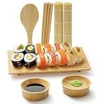 Navaris Sushi Making Kit for Beginners - 16 Piece Bamboo Sushi Set with Sushi Mat, Serving Plate, Chopsticks, Sauce Bowls and Rice Paddle - DIY Sushi Maker