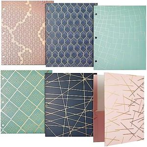 6 Pack School Folders with Pockets, 3 Hole Punched with 6 Geometric Designs for Office Supplies (9.5 x 12 in)