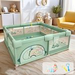 Dawnwake Large Playpen 150 x 180 cm For Baby up to 4 Years Playard with Pit Balls and Anti-Fall Grasp Rings, Kids Activity Center with Safety Lock & Suction cups (No Mat/Cushion, Non-Foldable) - Green