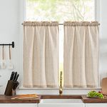 TOPICK Taupe Striped Small Curtains 36 Inch Drop Linen Kitchen Curtains Translucent Short Cafe Curtains Flax Light Filtering for Country Half Window Basement Sink Laundry Room Bathroom 2 Panels