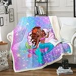 Kawaii Black Girl Throw Blanket for Couch Princess Mermaid Fleece Blanket, Cute Sea Animal Theme Sherpa Blanket Throw Size Colorful Glitter Scales Blanket, Blue Mermaid Tail Bed Blanket Cozy