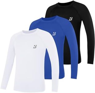Roadbox Boys Youth Compression Shirts - 3 Pack Long Sleeve Athletic Undershirt Kids Quick Dry Base Layers for Baseball Soccer Football
