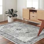 Area Rug Living Room Rugs-Deerly Vintage Floral Medallion Boho Oriental Non-Slip Low Pile Machine Washable Area Rug for Bedroom Dining Room Bathroom Office Laundry Room(Grey,4x6ft)