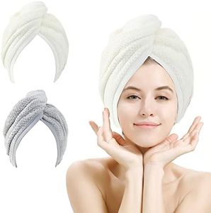 M-bestl 2 Pack Hair Towel Wrap,Absobent Hair Drying Towel with Buttons, Microfiber Hair Towel Wrap to Dry Hair Quickly (Beige&Gray)
